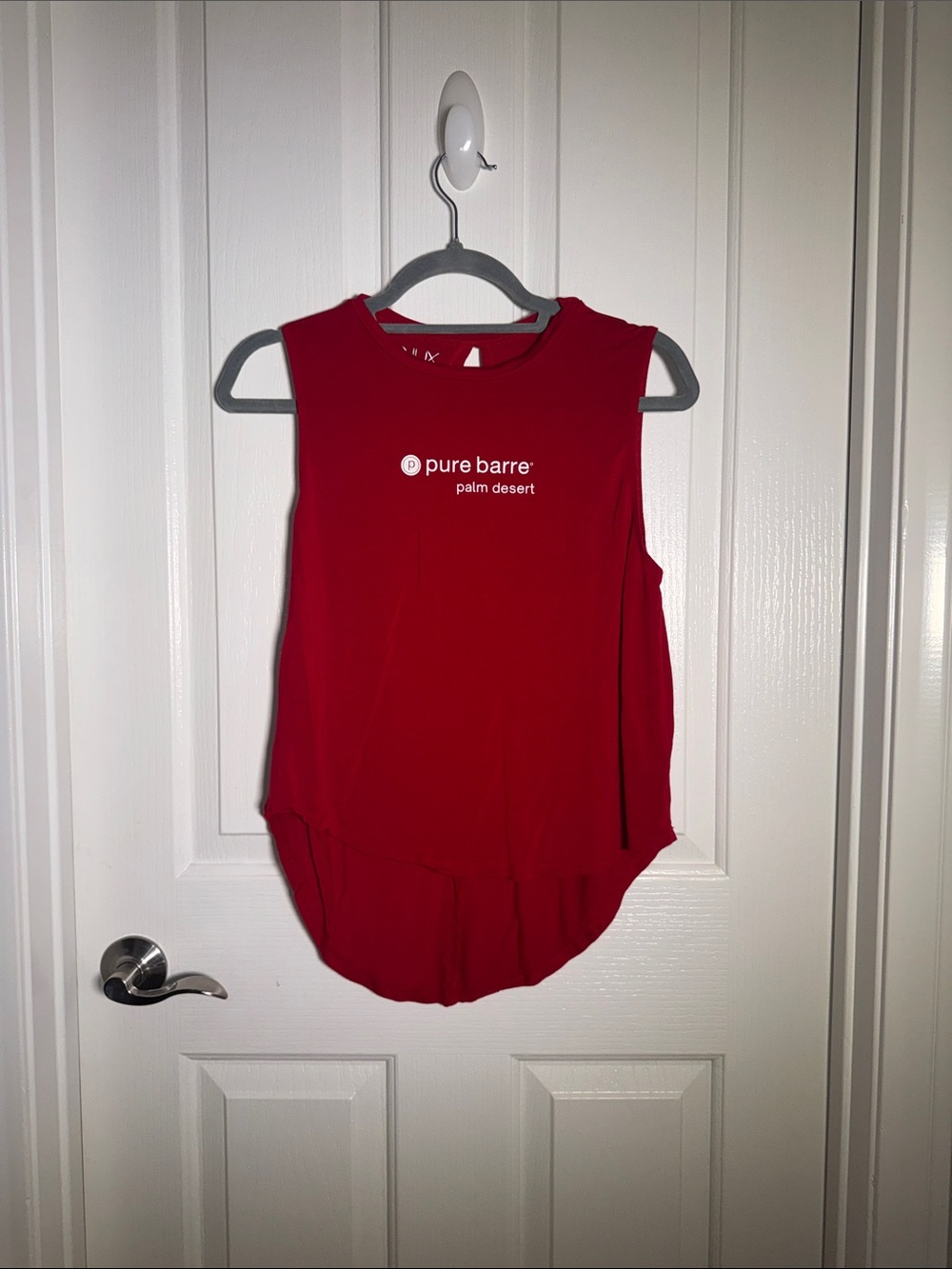 NUX Red Pure Barre Palm Desert Muscle Tee with White Wordmark & Split Back - S